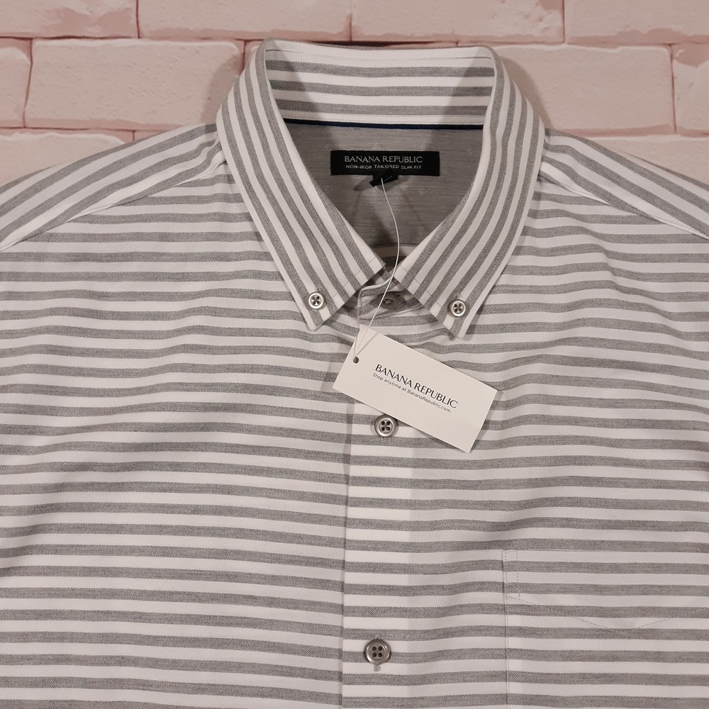 Banana Republic Non-Iron Shirt Mens Size Large Tall Slim‎ Fit Gray Striped NEW - Picture 3 of 11